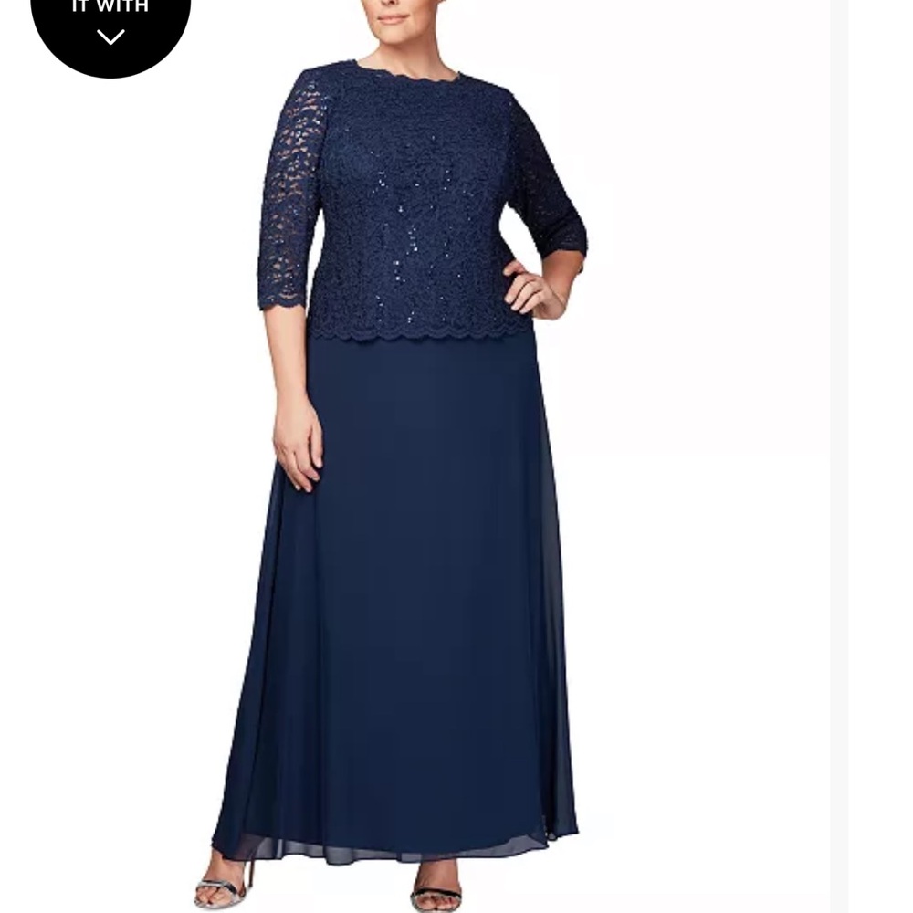 Alex Evenings Navy Lace & Chiffon Maxi Dress